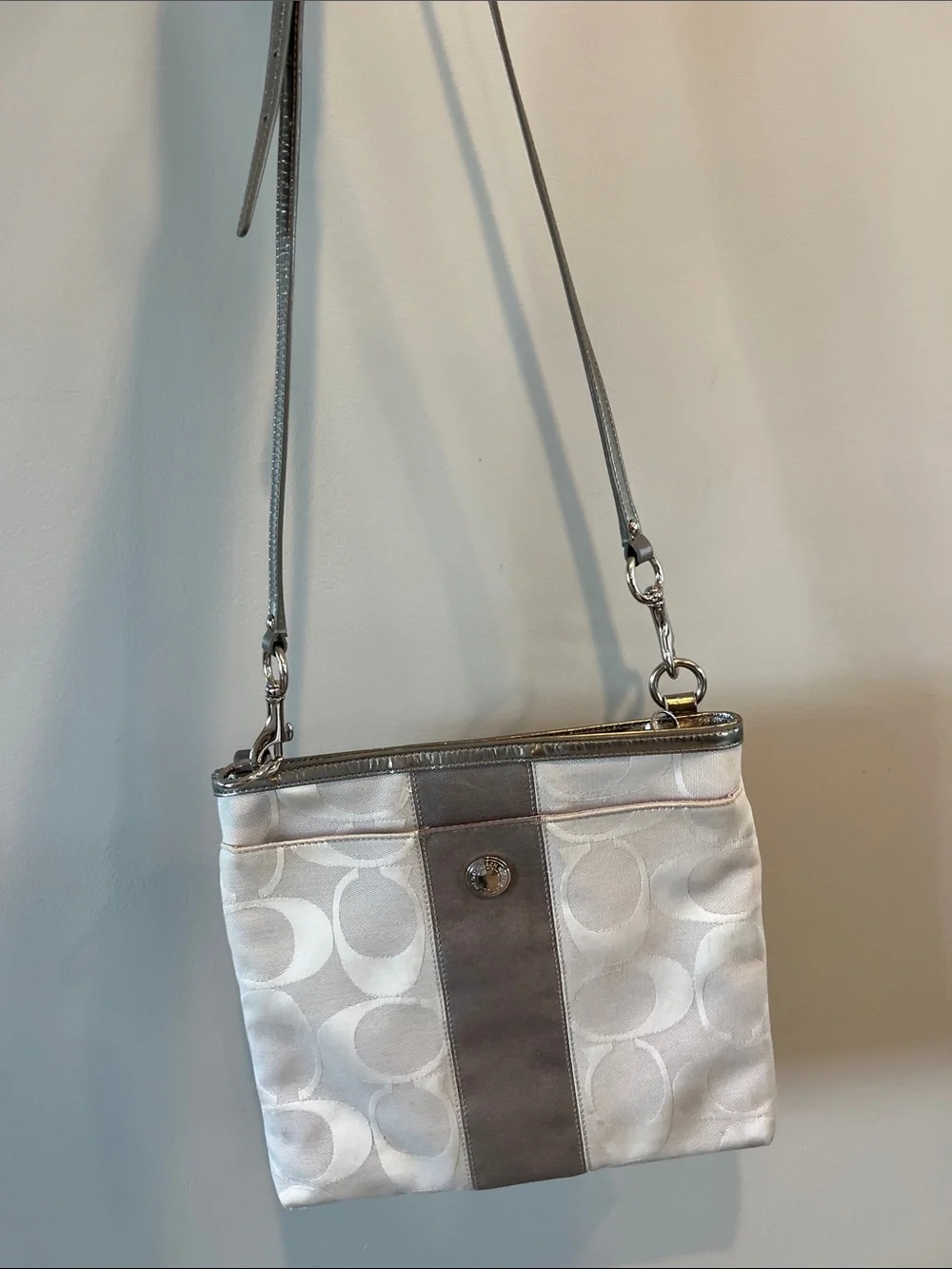 Vintage COACH Crossbody Bag in Light Silver and Chalk Signature Canvas Y2K